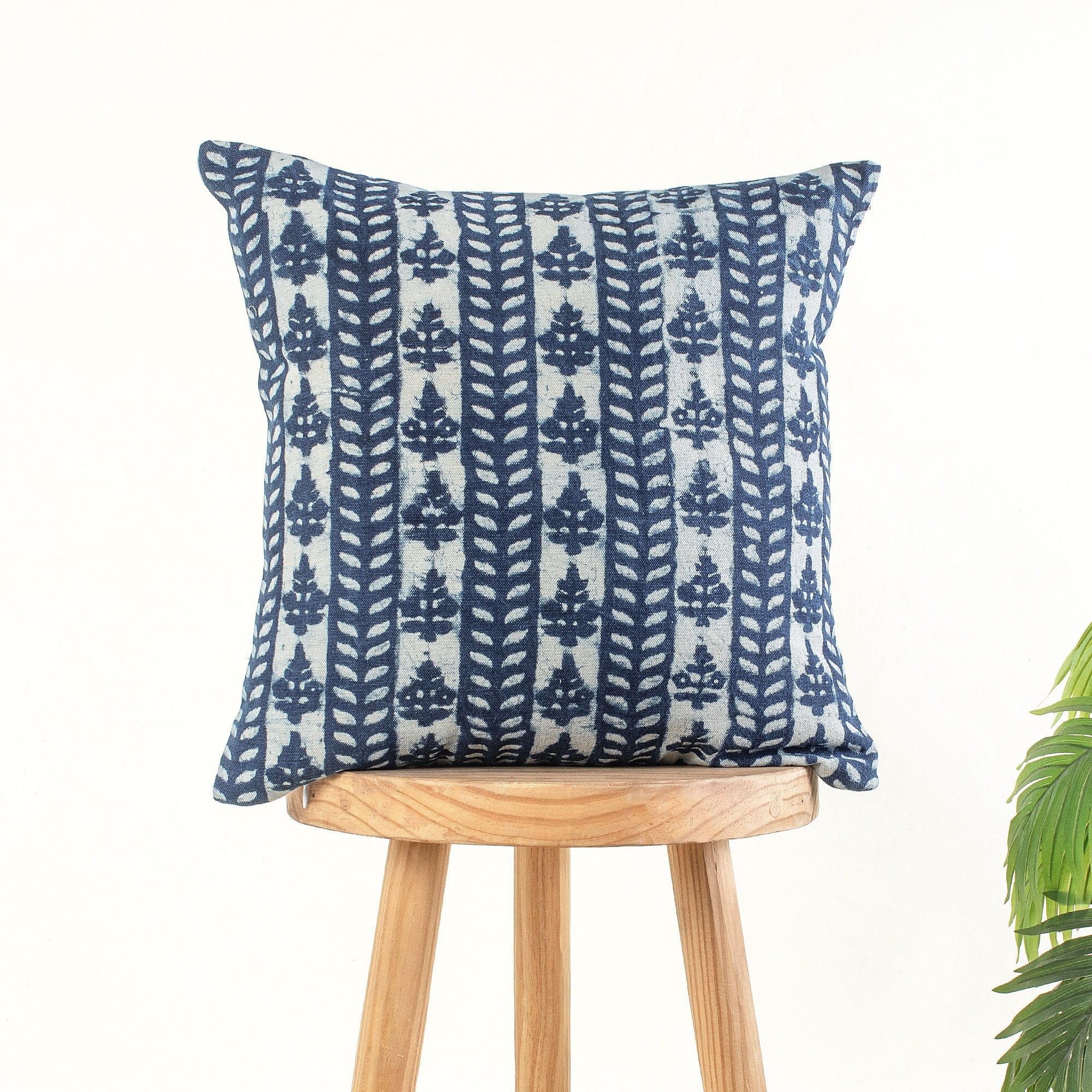 Hand Block Print Blue Cotton Canvas Cushion Cover